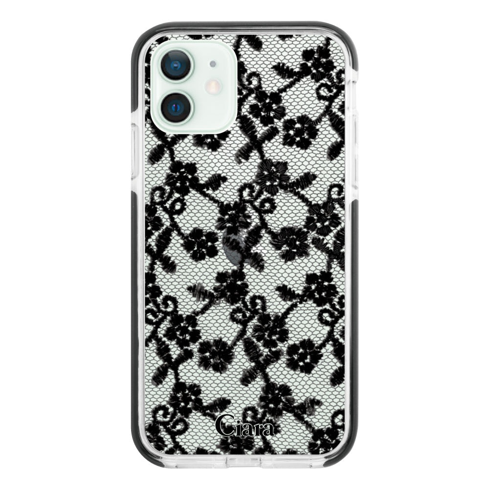 iPhone12miniケース クッションバンパー 耐衝撃クリアケース ファブリックスモールフラワーレース ブラック