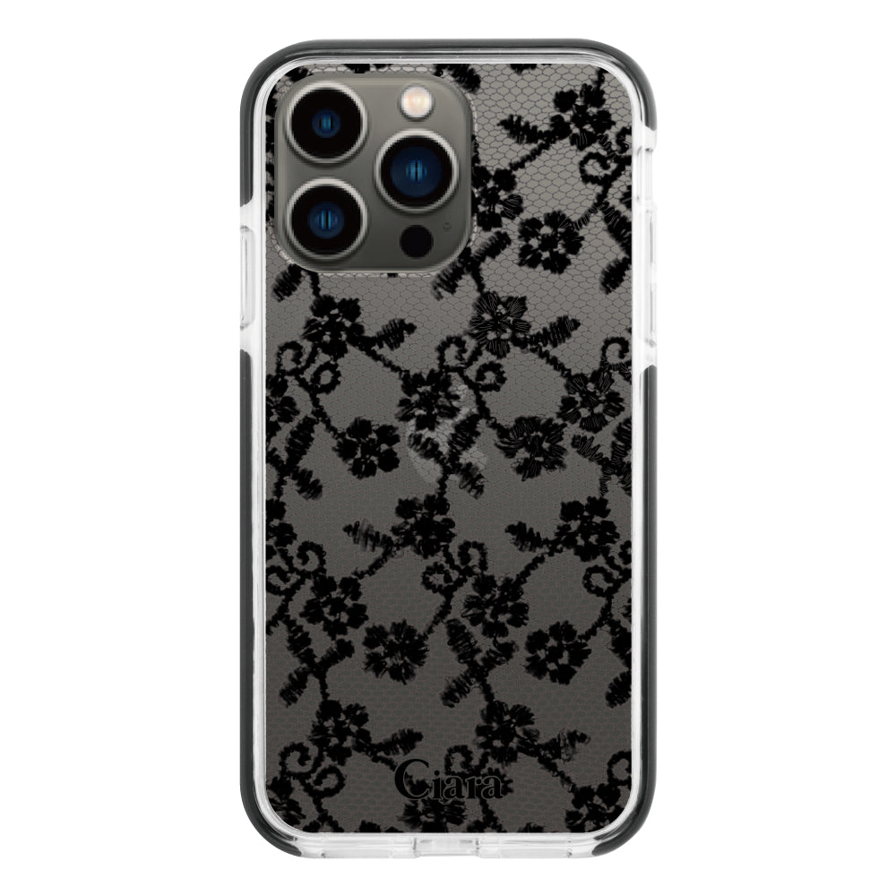 iPhone13Proケース クッションバンパー 耐衝撃クリアケース ファブリックスモールフラワーレース ブラック