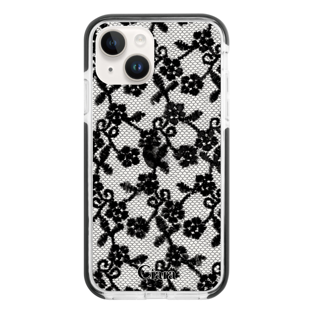 iPhone14ケース クッションバンパー 耐衝撃クリアケース ファブリックスモールフラワーレース ブラック