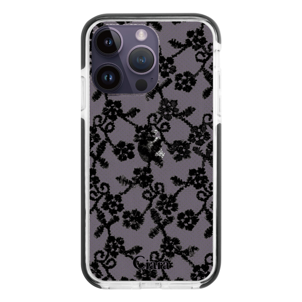 iPhone14ProMaxケース クッションバンパー 耐衝撃クリアケース ファブリックスモールフラワーレース ブラック