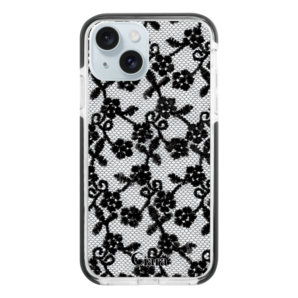 iPhone15Plusケース クッションバンパー 耐衝撃クリアケース ファブリックスモールフラワーレース ブラック
