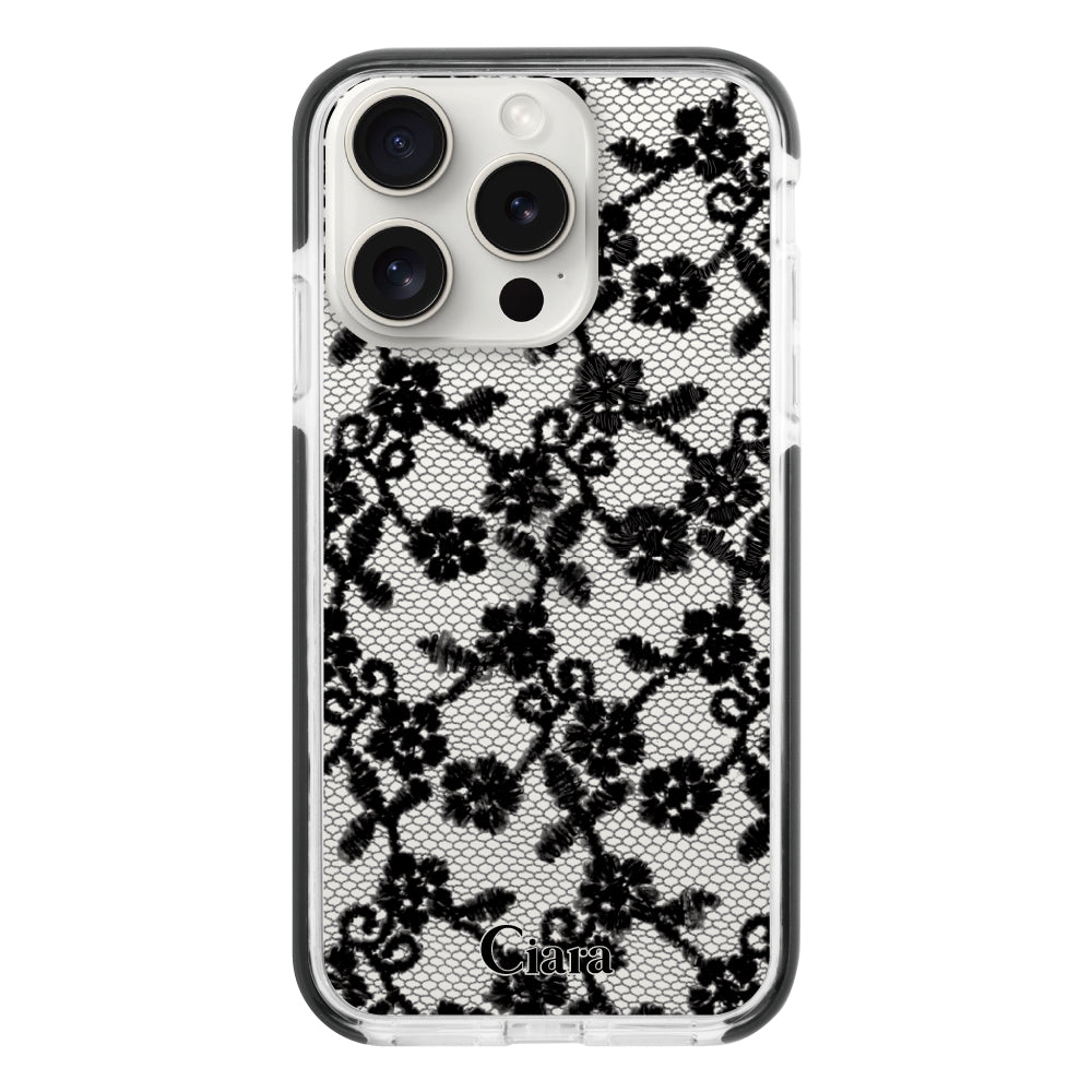 iPhone15ProMaxケース クッションバンパー 耐衝撃クリアケース ファブリックスモールフラワーレース ブラック