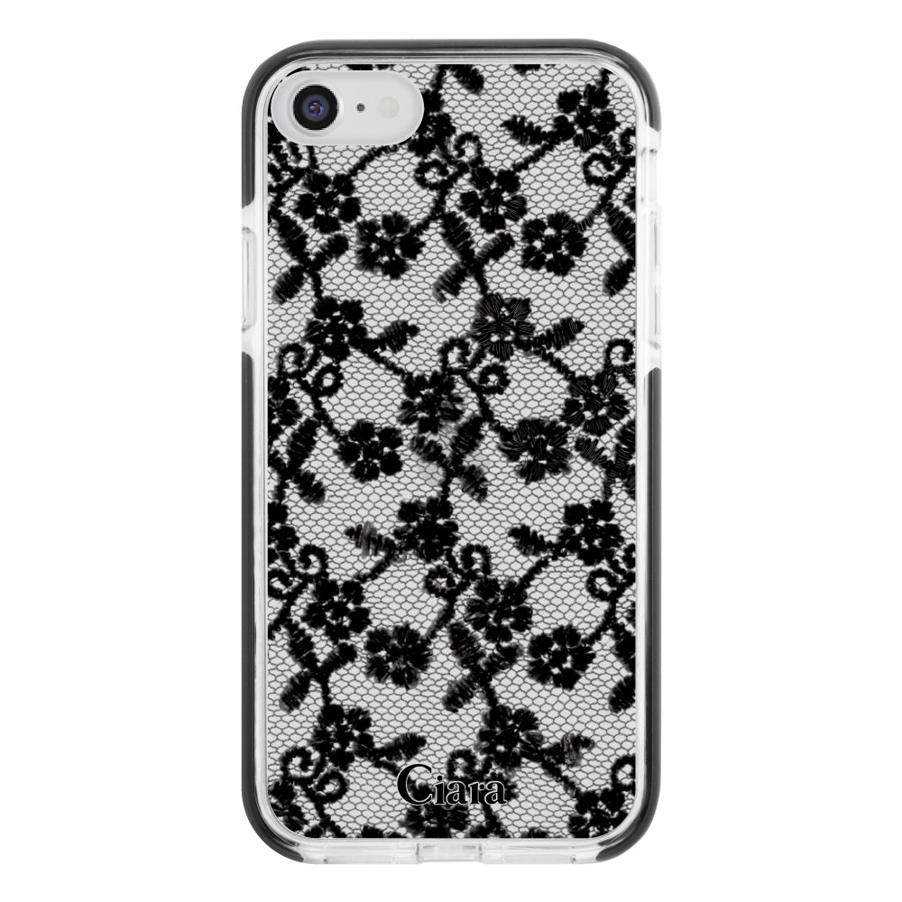 iPhone7Plus/8Plusケース クッションバンパー 耐衝撃クリアケース ファブリックスモールフラワーレース ブラック
