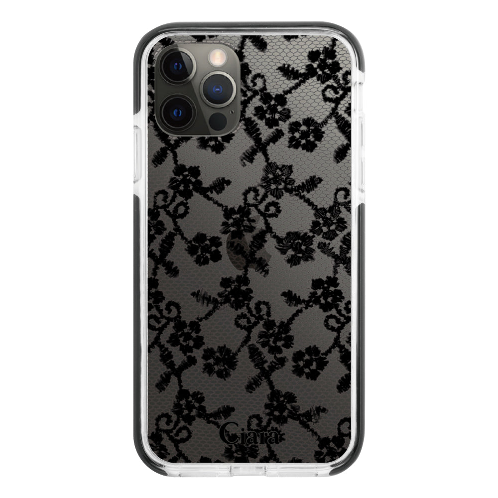 iPhoneX/XSケース クッションバンパー 耐衝撃クリアケース ファブリックスモールフラワーレース ブラック