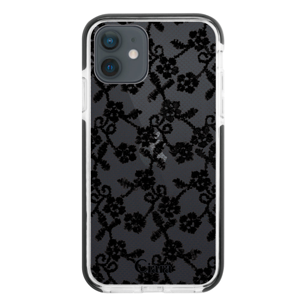 iPhoneXRケース クッションバンパー 耐衝撃クリアケース ファブリックスモールフラワーレース ブラック