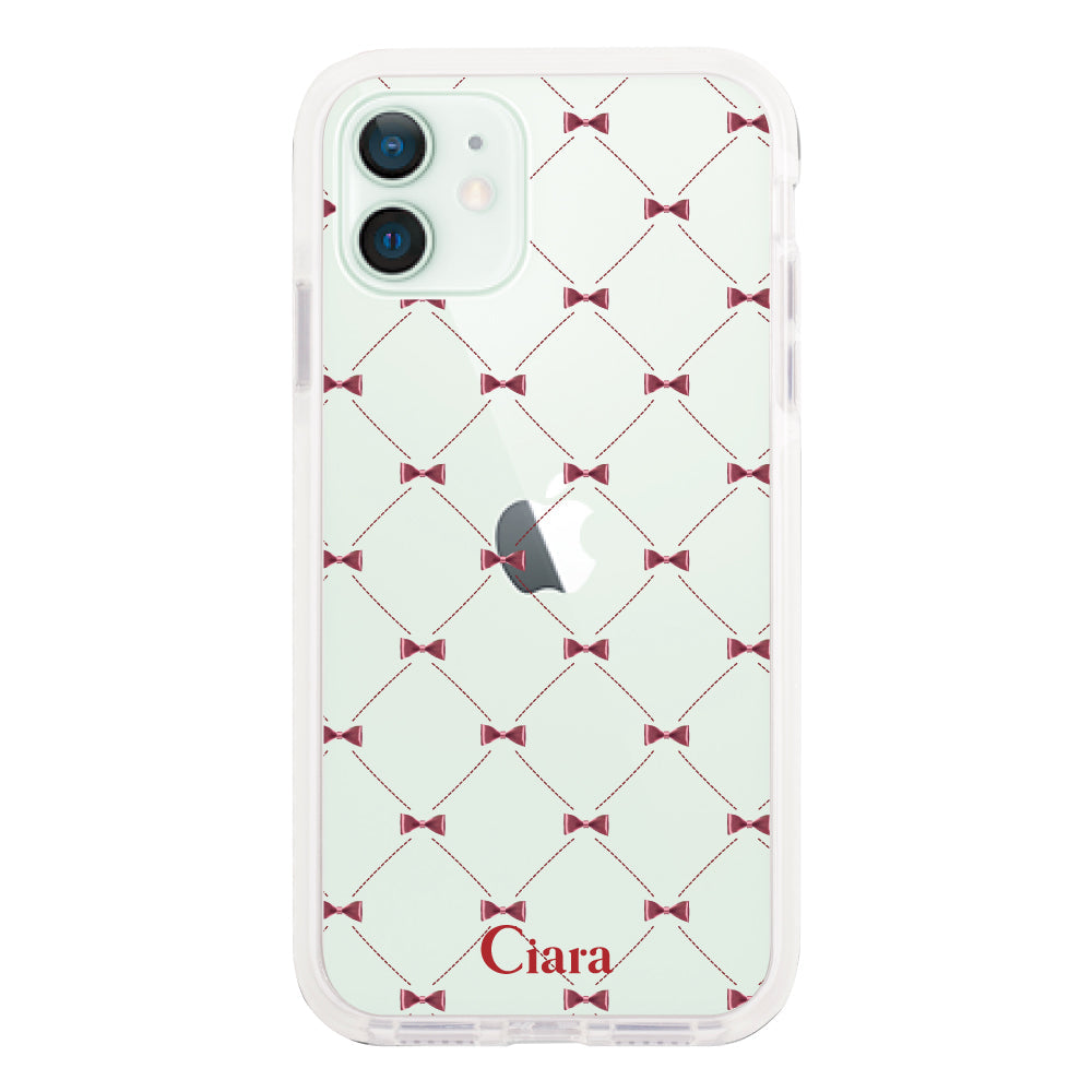 iPhone12miniケース クッションバンパー 耐衝撃クリアケース キルティングリボン レッド