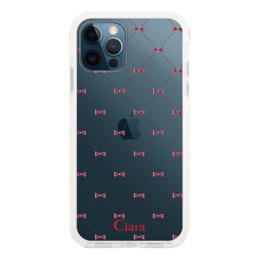 iPhone12ProMaxケース クッションバンパー 耐衝撃クリアケース キルティングリボン レッド
