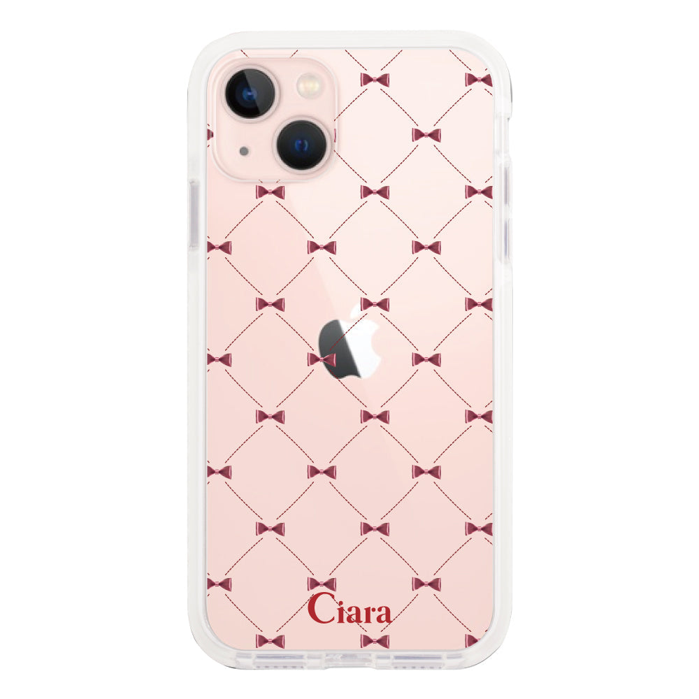 iPhone13ケース クッションバンパー 耐衝撃クリアケース キルティングリボン レッド