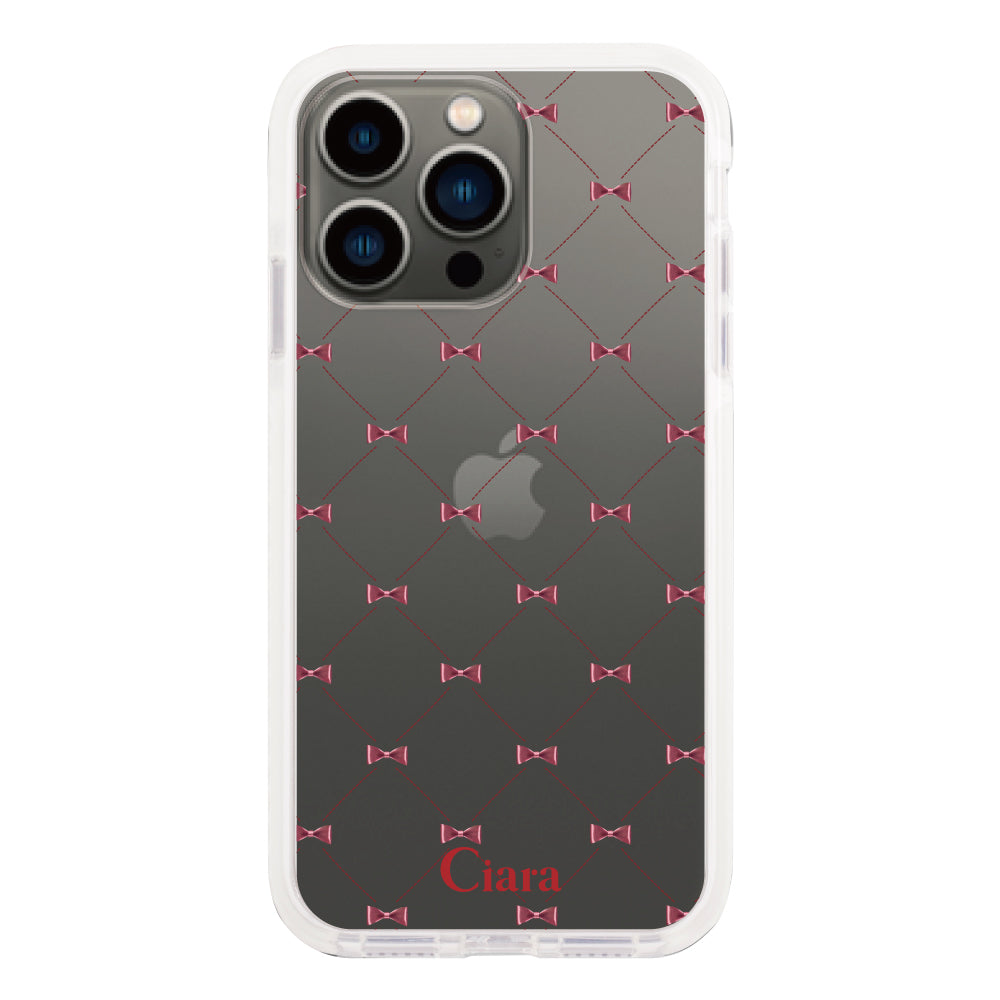 iPhone13Proケース クッションバンパー 耐衝撃クリアケース キルティングリボン レッド