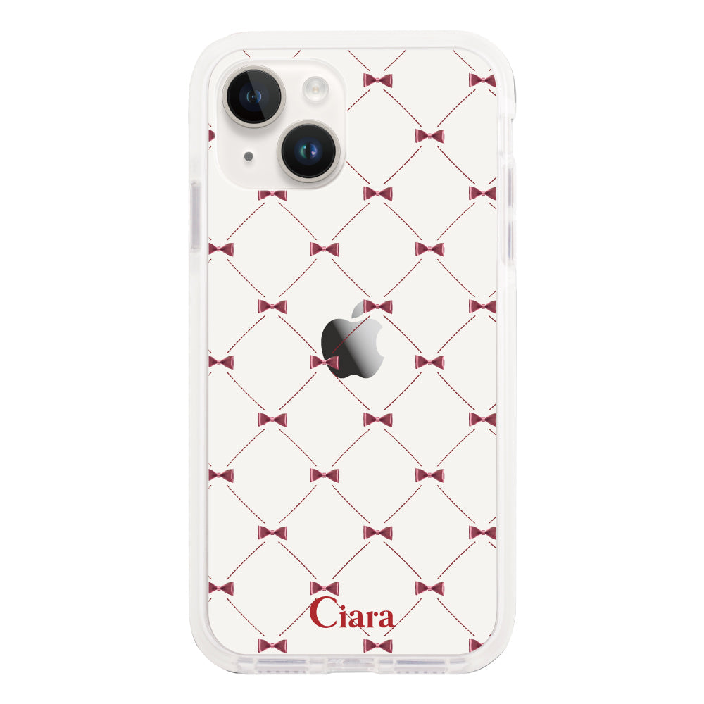 iPhone14ケース クッションバンパー 耐衝撃クリアケース キルティングリボン レッド