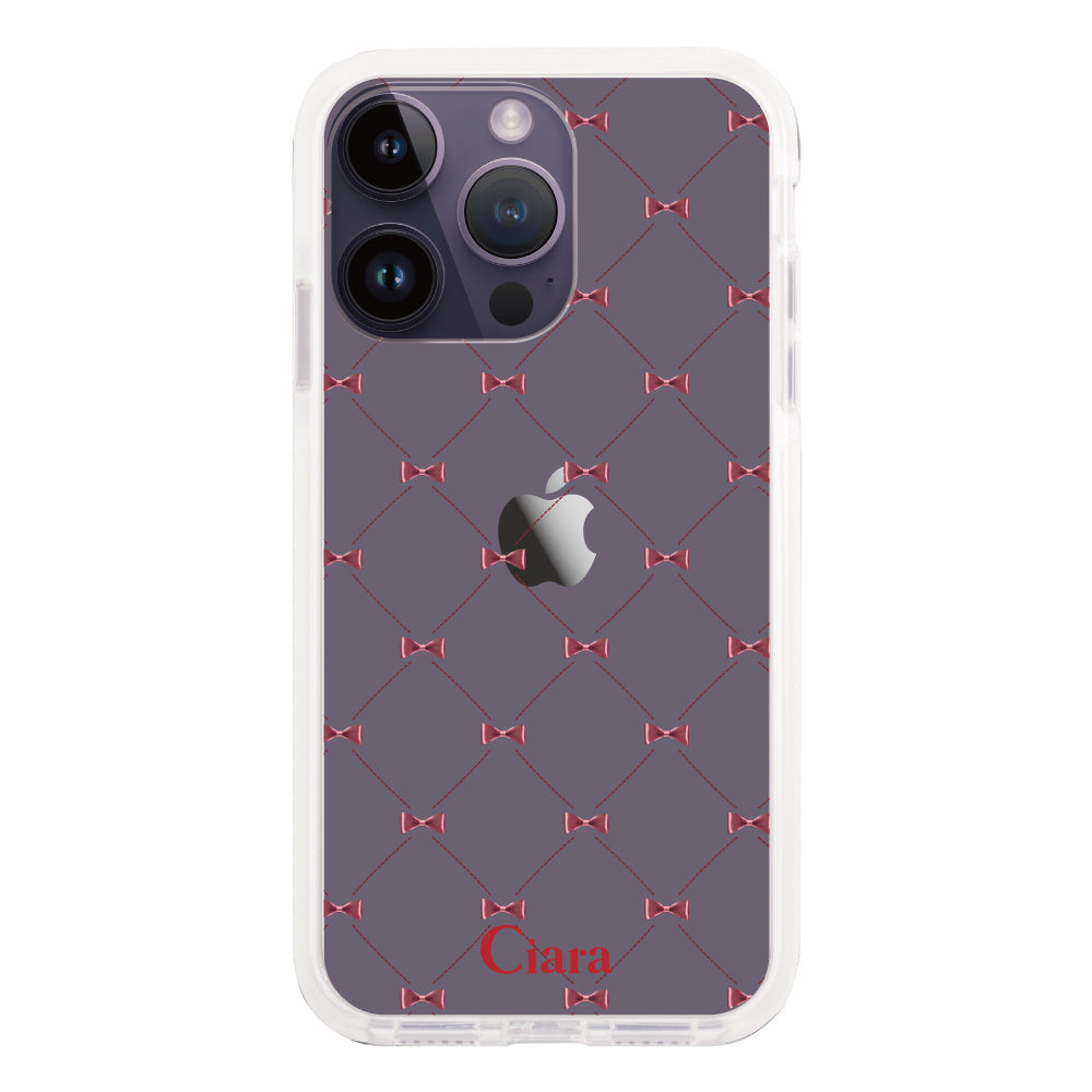 iPhone14ProMaxケース クッションバンパー 耐衝撃クリアケース キルティングリボン レッド