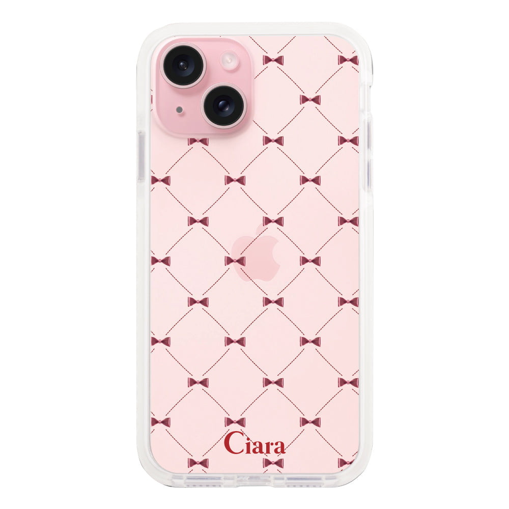 iPhone15ケース クッションバンパー 耐衝撃クリアケース キルティングリボン レッド