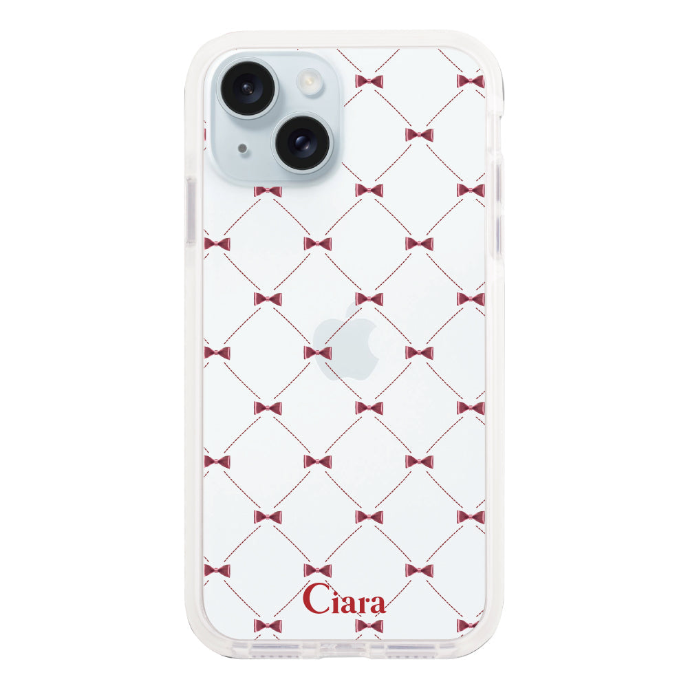 iPhone15Plusケース クッションバンパー 耐衝撃クリアケース キルティングリボン レッド