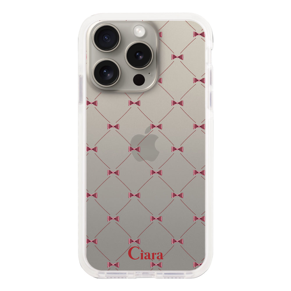 iPhone15Proケース クッションバンパー 耐衝撃クリアケース キルティングリボン レッド