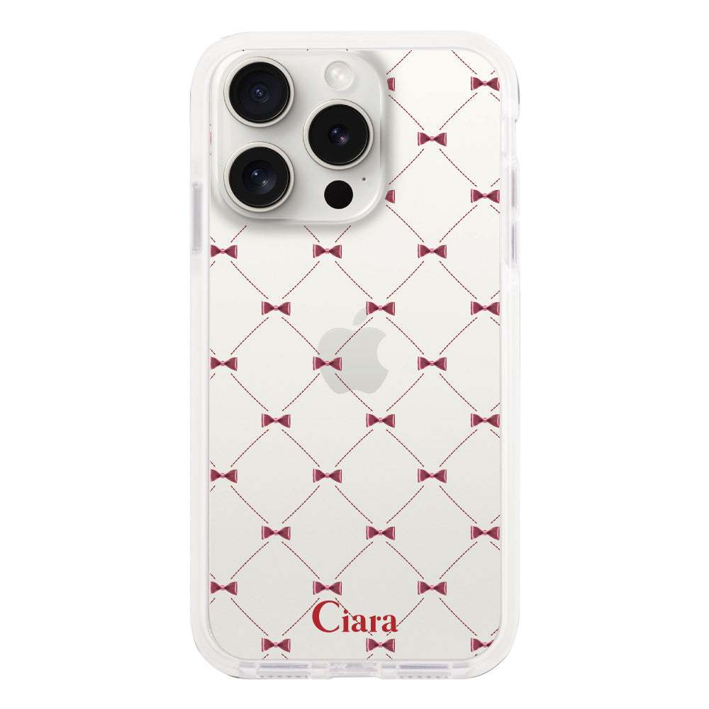iPhone15ProMaxケース クッションバンパー 耐衝撃クリアケース キルティングリボン レッド