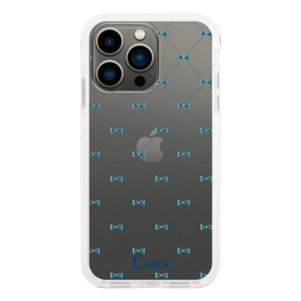 iPhone13Proケース クッションバンパー 耐衝撃クリアケース キルティングリボン ブルー