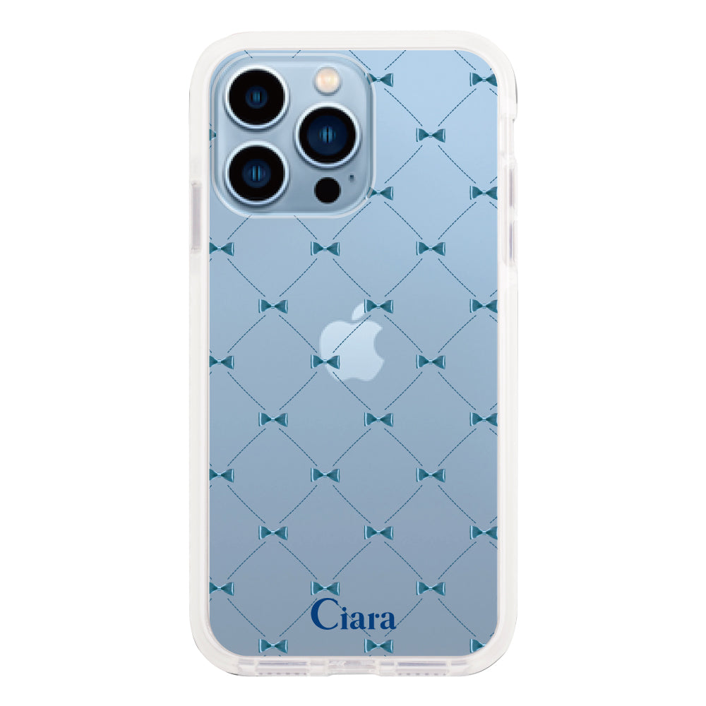 iPhone13ProMaxケース クッションバンパー 耐衝撃クリアケース キルティングリボン ブルー