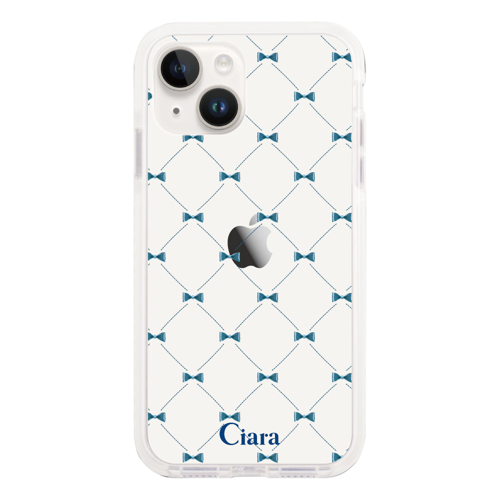 iPhone14ケース クッションバンパー 耐衝撃クリアケース キルティングリボン ブルー