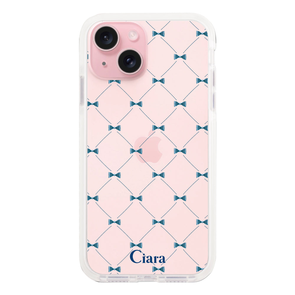iPhone15ケース クッションバンパー 耐衝撃クリアケース キルティングリボン ブルー