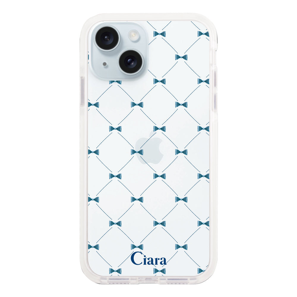 iPhone15Plusケース クッションバンパー 耐衝撃クリアケース キルティングリボン ブルー