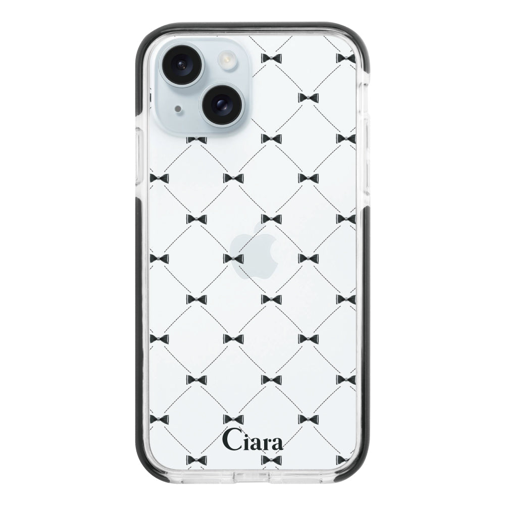 iPhone15Plusケース クッションバンパー 耐衝撃クリアケース キルティングリボン ブラック