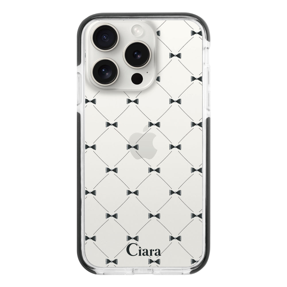 iPhone15ProMaxケース クッションバンパー 耐衝撃クリアケース キルティングリボン ブラック