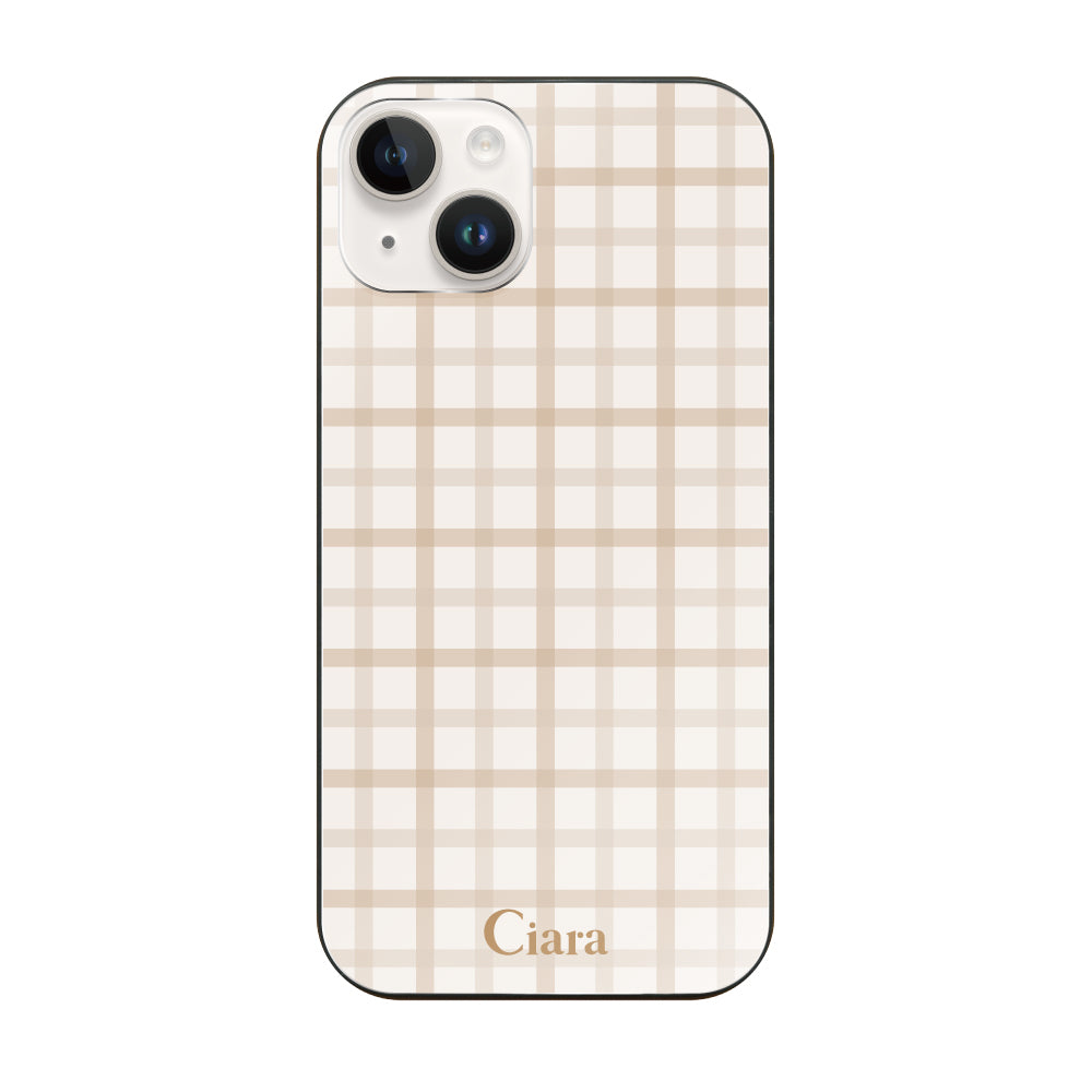 iPhone14 ガラス 強化ガラスケース ブロックチェック ベージュ