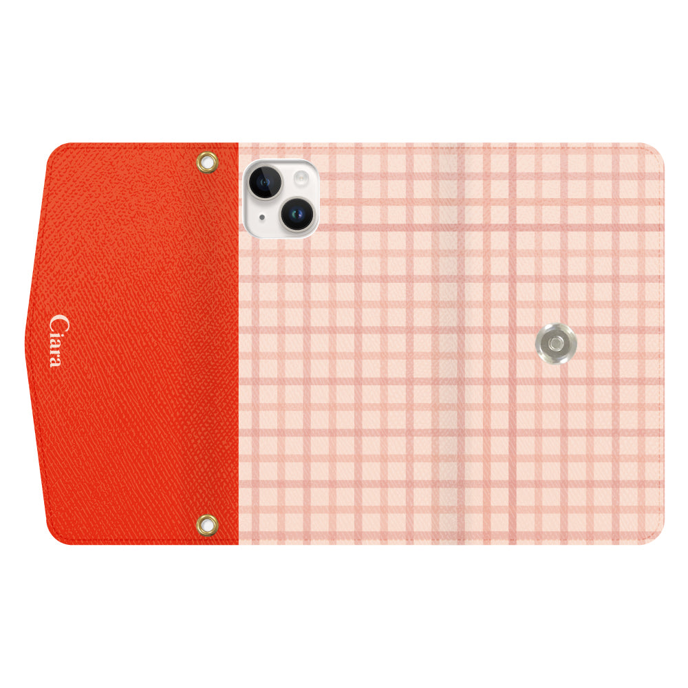 iPhone14ケース 手帳型カード収納レザーケース ブロックチェック ピンク