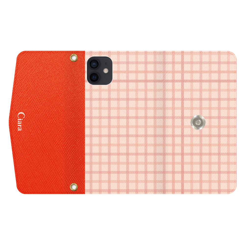 iPhoneXRケース 手帳型カード収納レザーケース ブロックチェック ピンク