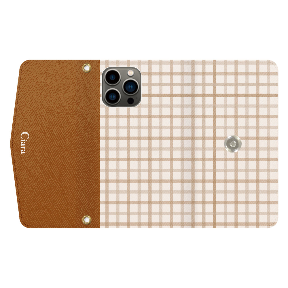 iPhone13Proケース 手帳型カード収納レザーケース ブロックチェック ベージュ