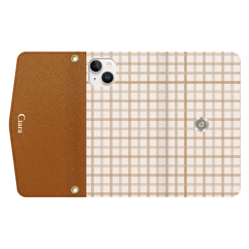 iPhone14ケース 手帳型カード収納レザーケース ブロックチェック ベージュ
