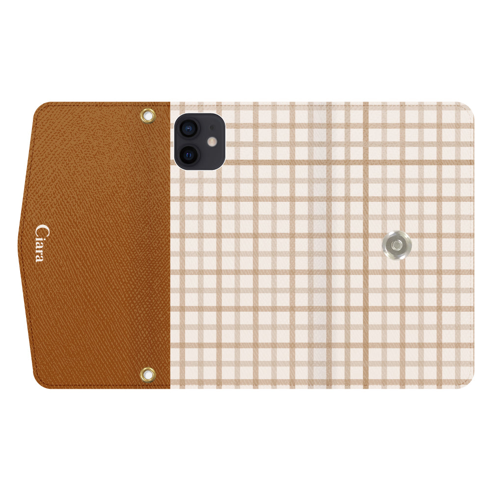 iPhoneXRケース 手帳型カード収納レザーケース ブロックチェック ベージュ