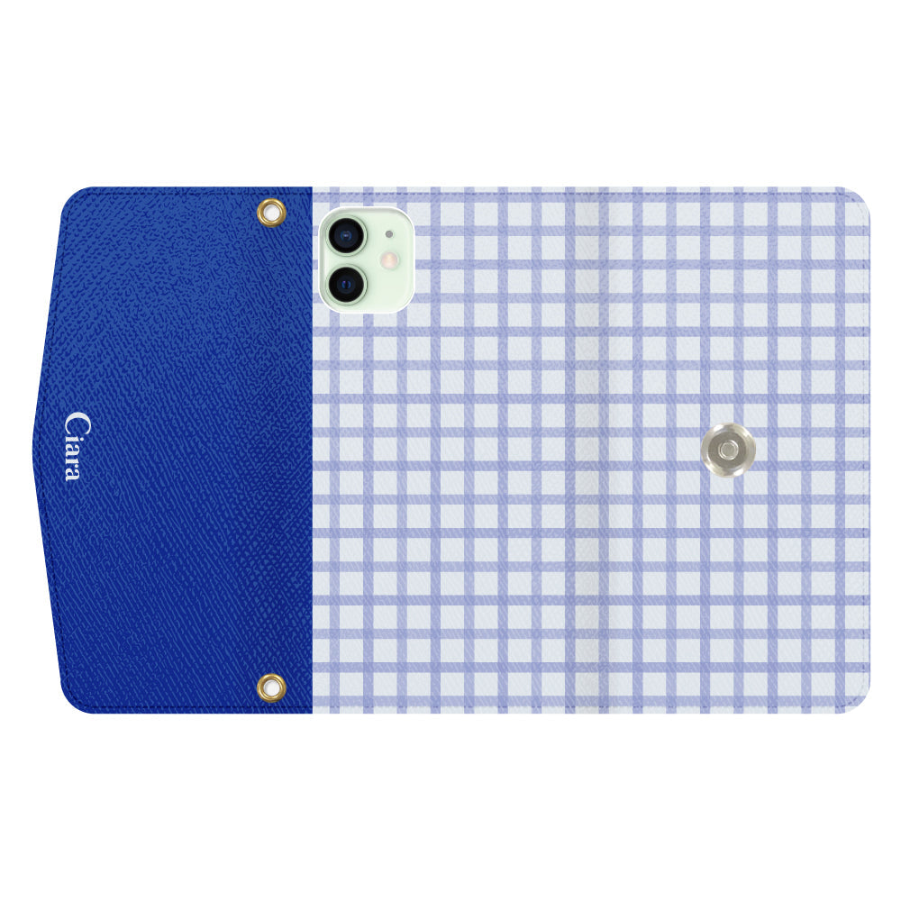 iPhone12miniケース 手帳型カード収納レザーケース ブロックチェック ブルー