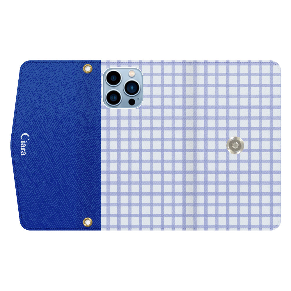 iPhone13ProMaxケース 手帳型カード収納レザーケース ブロックチェック ブルー