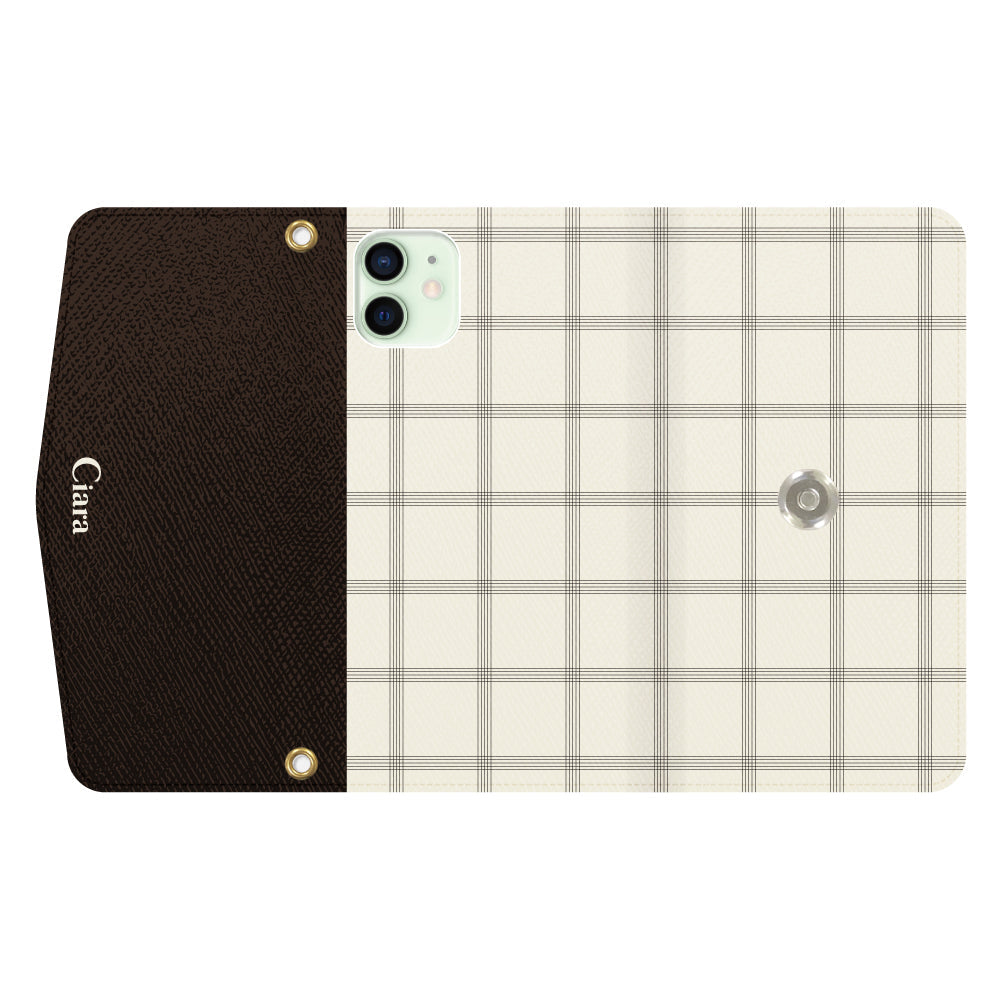 iPhone12miniケース 手帳型カード収納レザーケース グラフチェック グレー