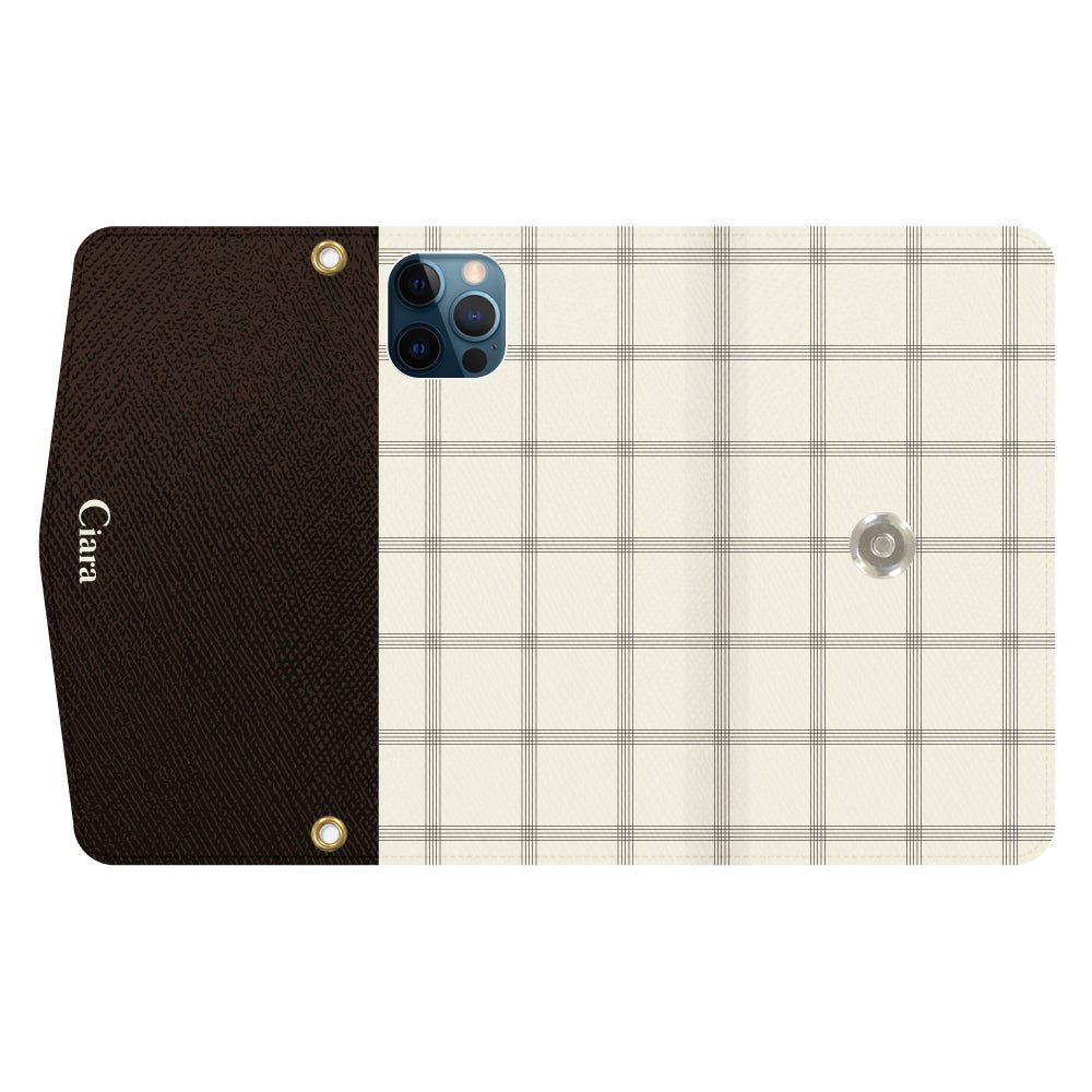 iPhone12ProMaxケース 手帳型カード収納レザーケース グラフチェック グレー