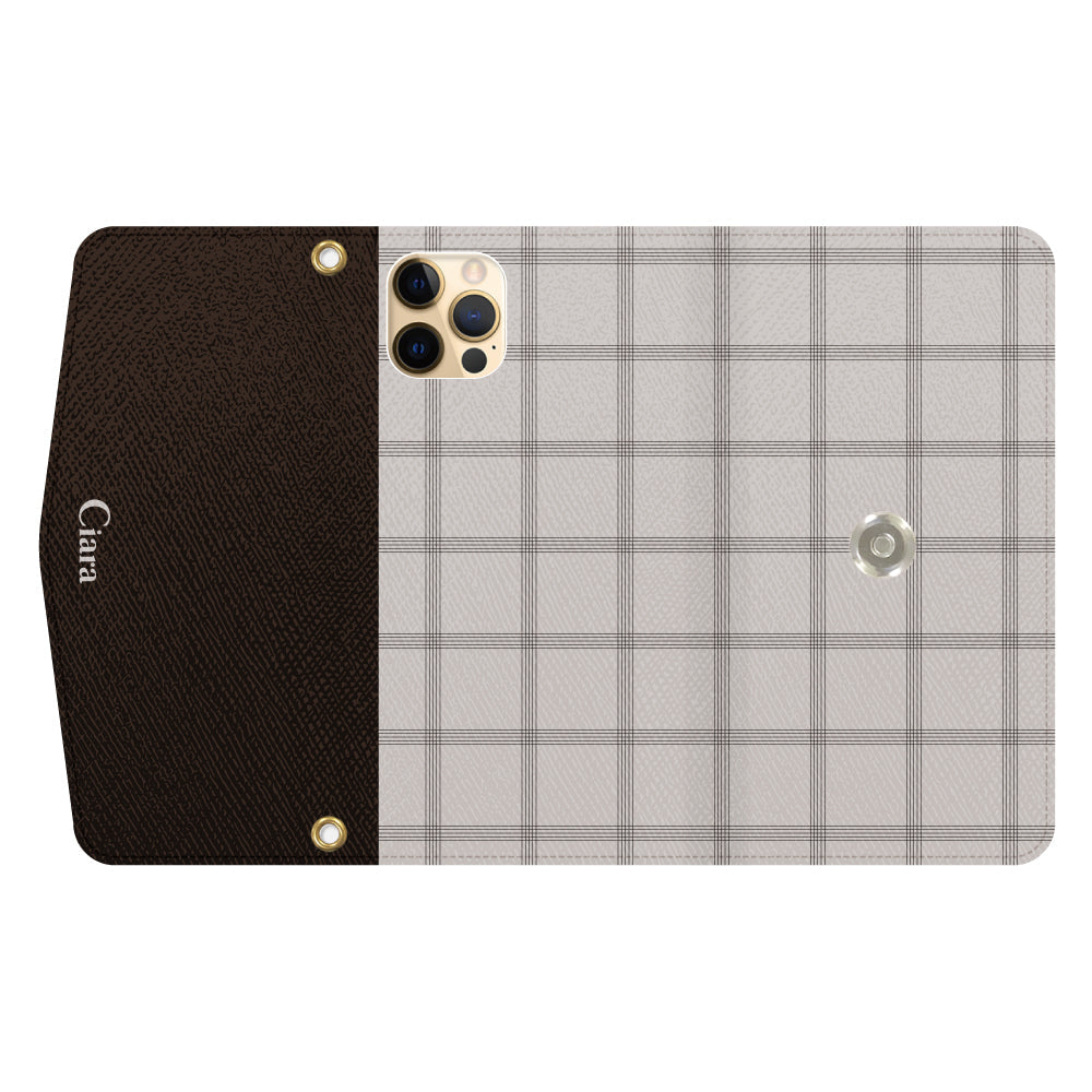 iPhone11Proケース 手帳型カード収納レザーケース グラフチェック ベージュ