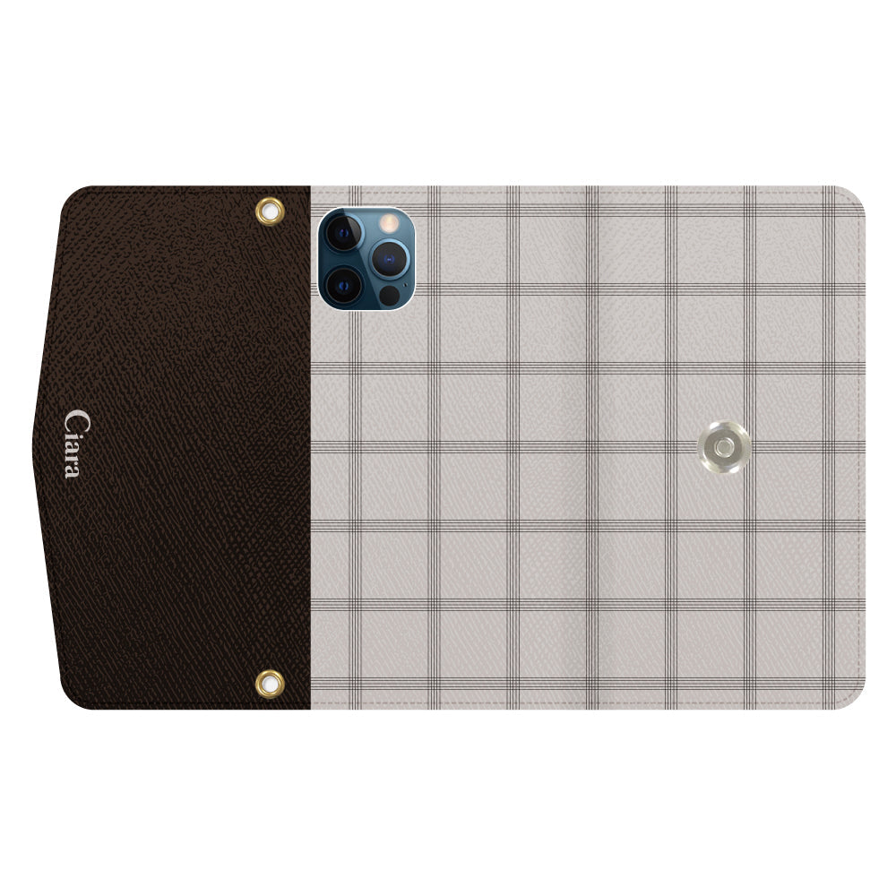 iPhone12ProMaxケース 手帳型カード収納レザーケース グラフチェック ベージュ