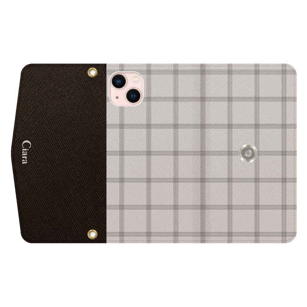 iPhone13ケース 手帳型カード収納レザーケース グラフチェック ベージュ