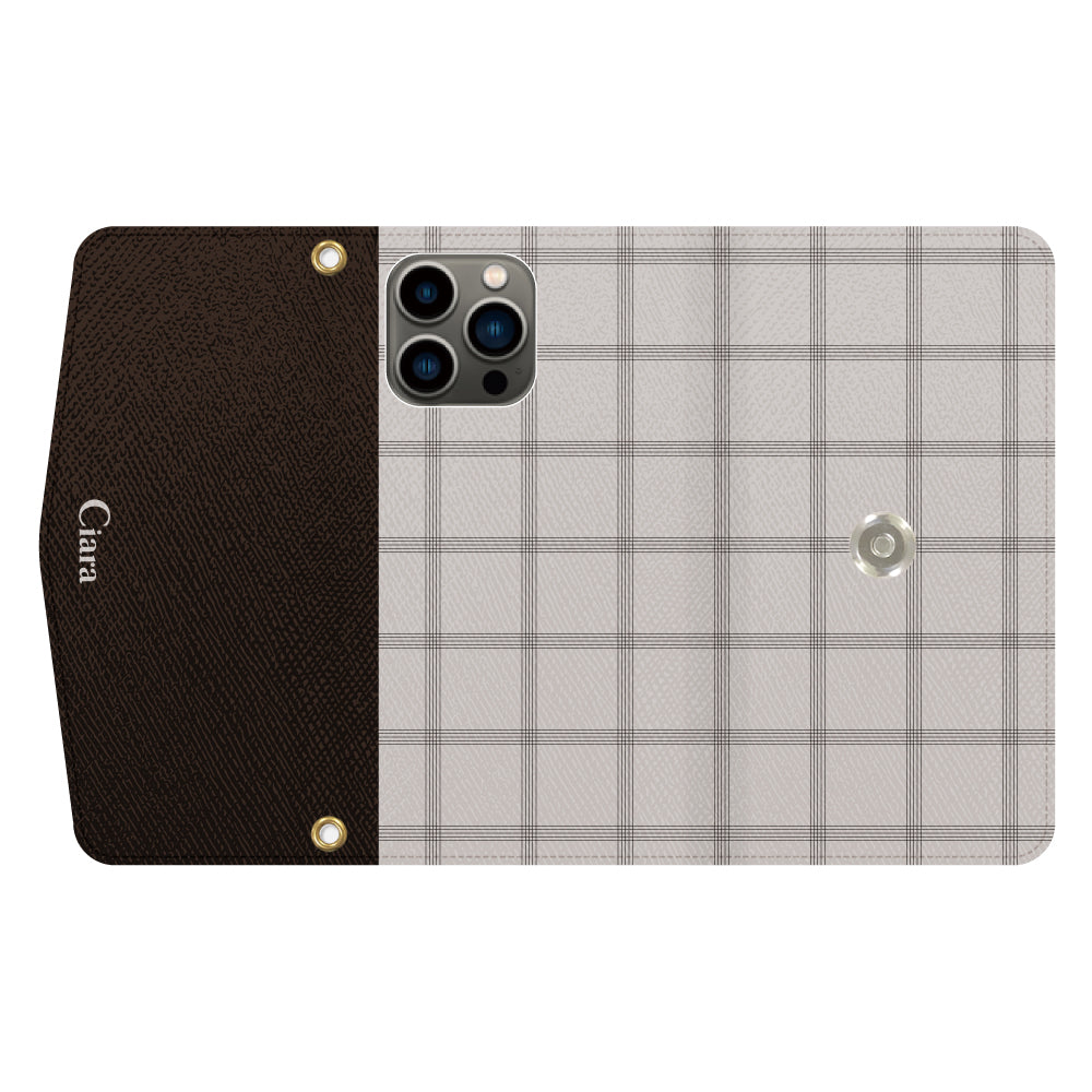 iPhone13Proケース 手帳型カード収納レザーケース グラフチェック ベージュ