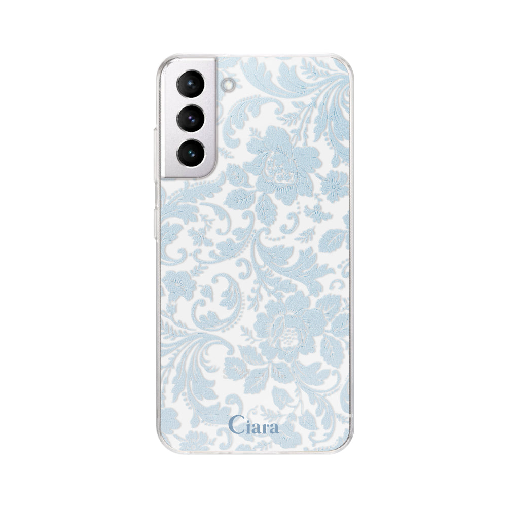 GalaxyS21ケース クリアケース ヴィンテージフラワー ブルー