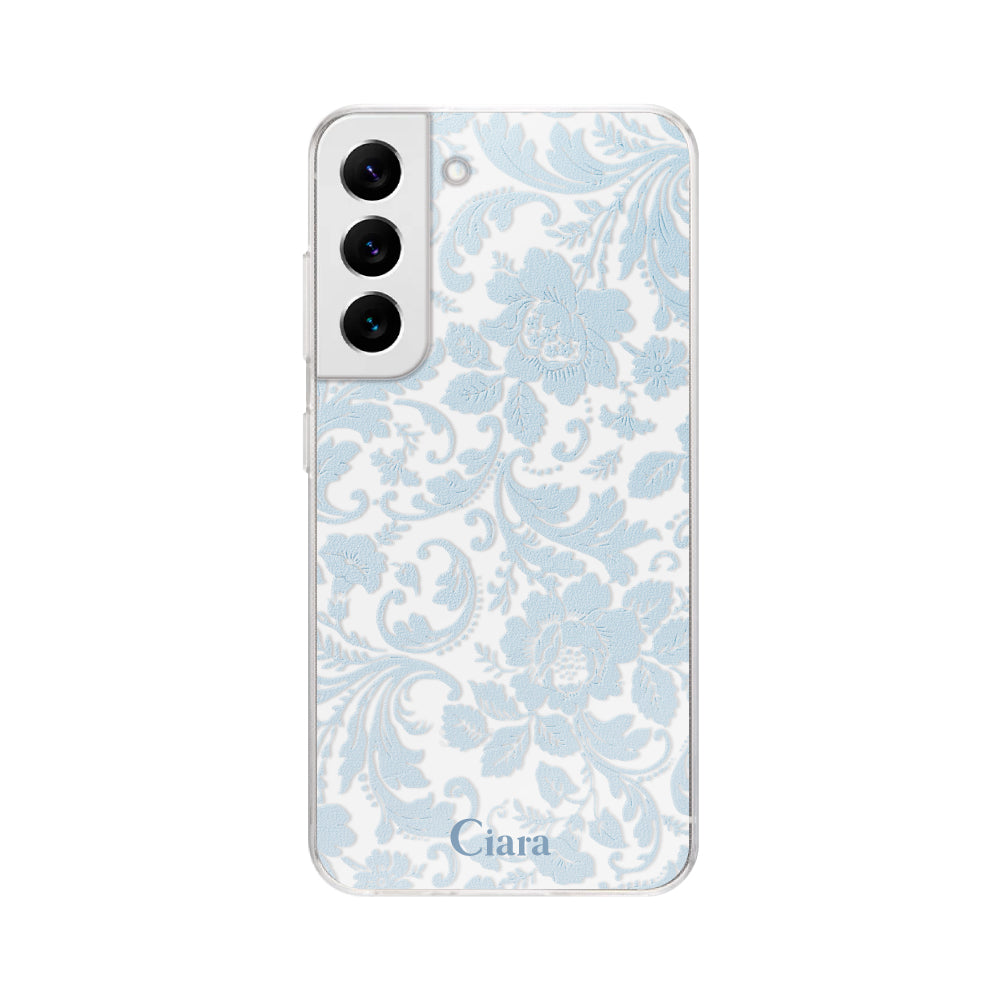 GalaxyS22ケース クリアケース ヴィンテージフラワー ブルー