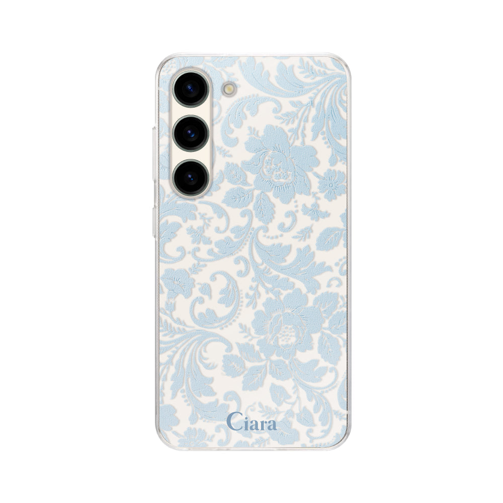 GalaxyS23ケース クリアケース ヴィンテージフラワー ブルー