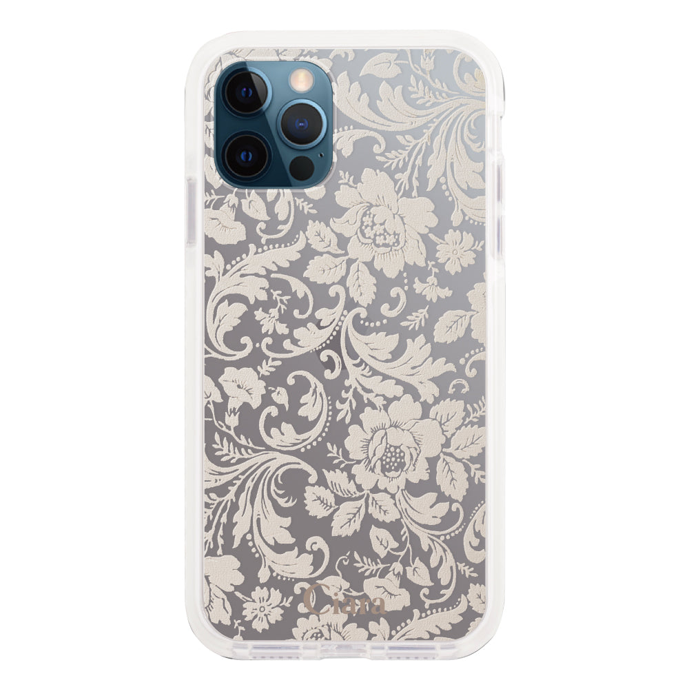 iPhone12ProMaxケース クッションバンパー 耐衝撃クリアケース ヴィンテージフラワー ピンク