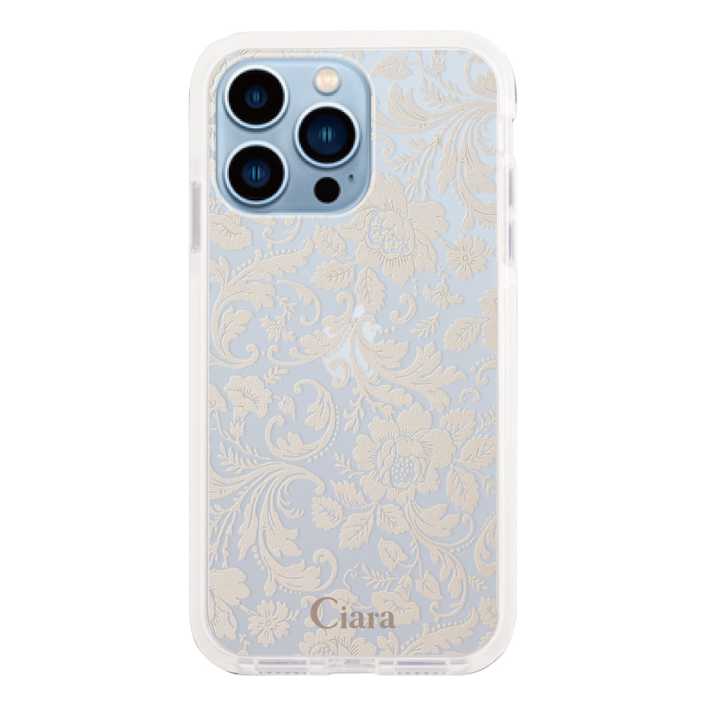iPhone13ProMaxケース クッションバンパー 耐衝撃クリアケース ヴィンテージフラワー ピンク