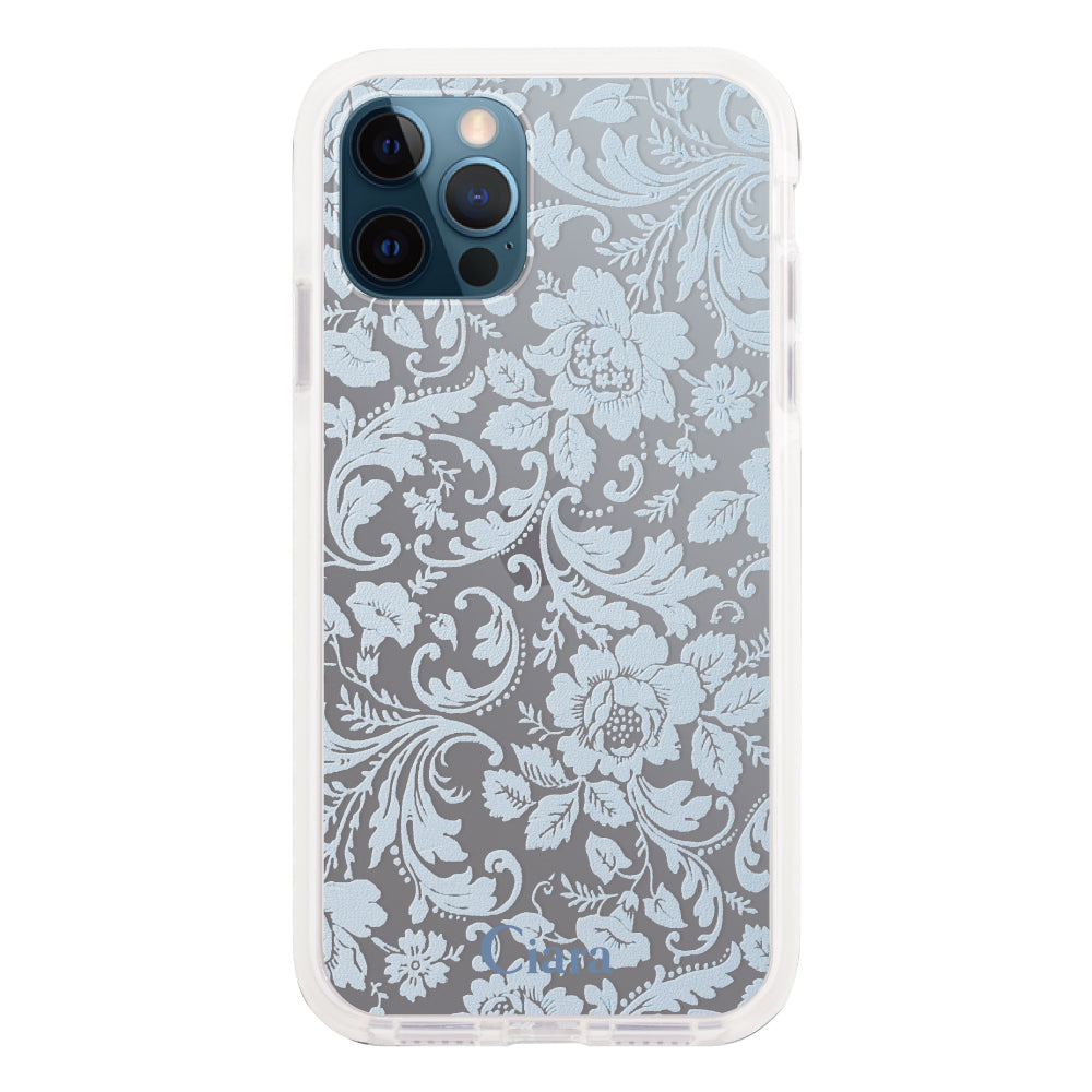 iPhone12ProMaxケース クッションバンパー 耐衝撃クリアケース ヴィンテージフラワー ブルー