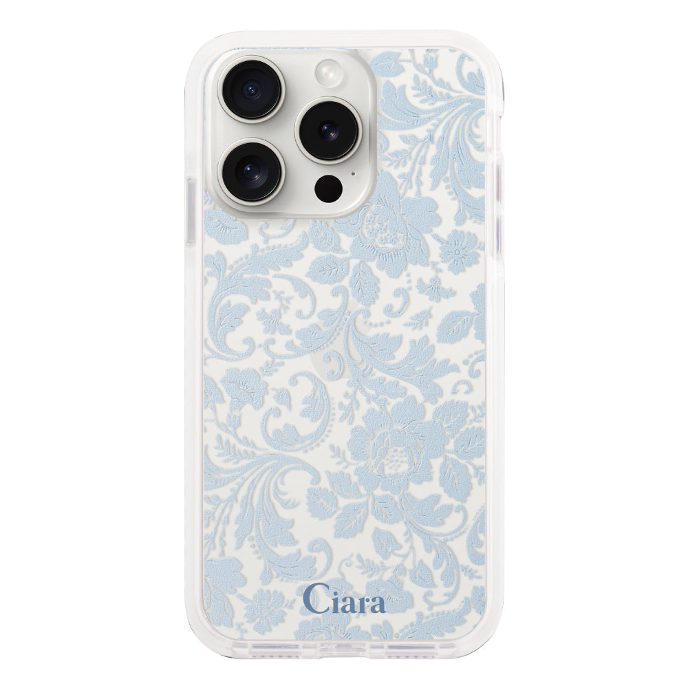 iPhone15ProMaxケース クッションバンパー 耐衝撃クリアケース ヴィンテージフラワー ブルー