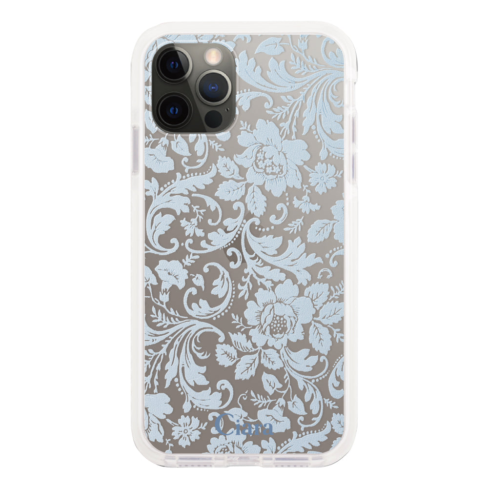 iPhoneX/XSケース クッションバンパー 耐衝撃クリアケース ヴィンテージフラワー ブルー