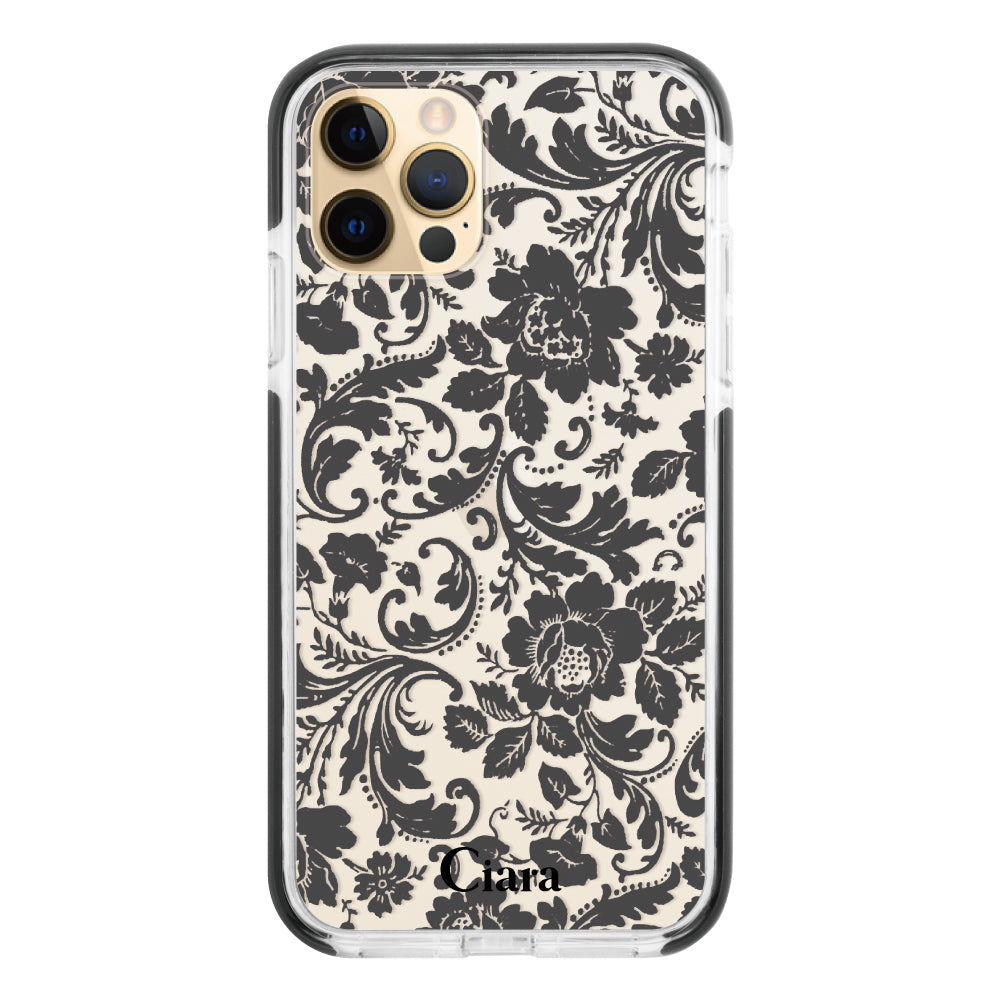 iPhone11ProMaxケース クッションバンパー 耐衝撃クリアケース ヴィンテージフラワー ブラック