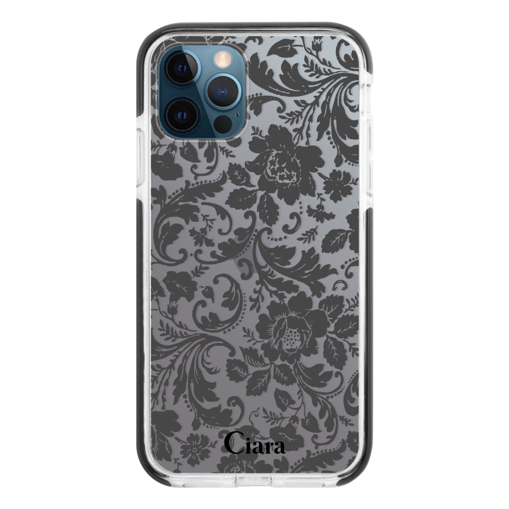 iPhone12ProMaxケース クッションバンパー 耐衝撃クリアケース ヴィンテージフラワー ブラック